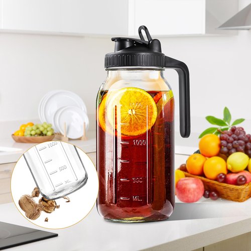 64oz Glass Pitcher with Lid, 2 Quart Mason Jar Pitchers with Lid and Spout, Wide Mouth Breast Milk Pitcher Glass Jug Sun Tea Pitchers, Cold Brew Coffee pitcher, Fridge Container for Water, Juice, Tea