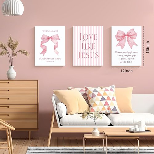 Dytila 3 Piece Pink Bows Wall Art - Cute Bible Verse Decor for Girls' Rooms | 12x16 Inch