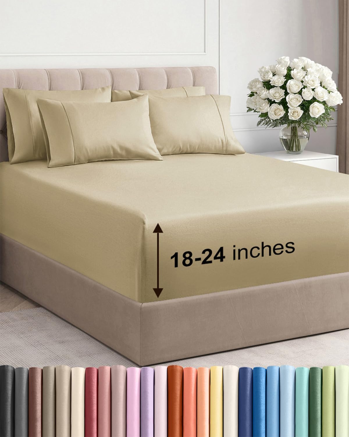 Skiennix Extra Deep Cal King Sheet Set - 6 Piece Breathable Cooling Bedding - Soft, Wrinkle-Free Beige