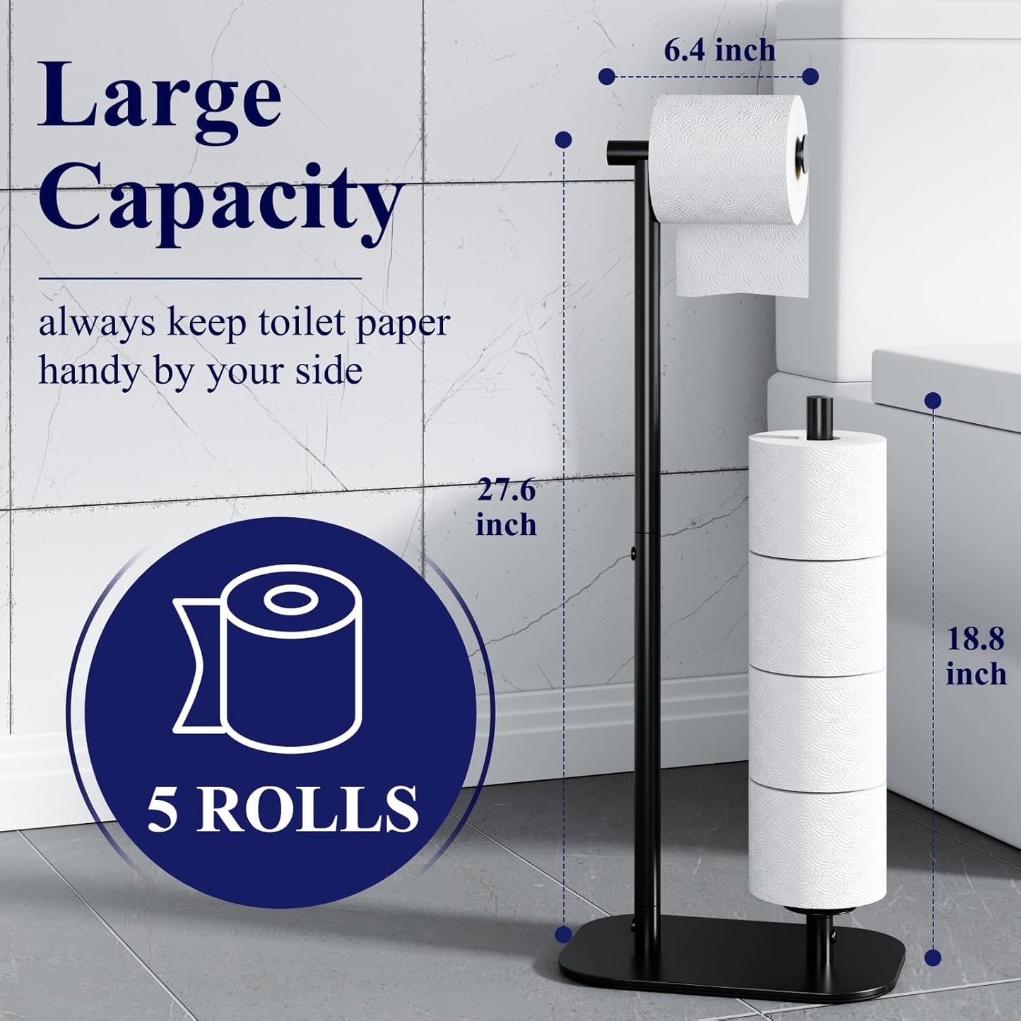 Kitsure Toilet Paper Holder - Large Capacity Free Standing Design for 4 Rolls, Rustproof & Non-Slip, Black