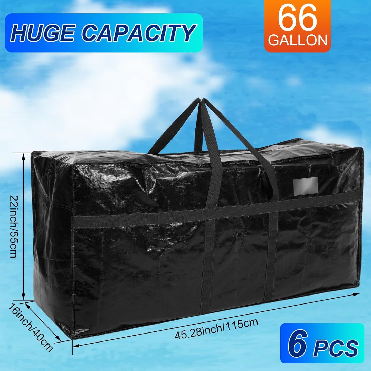 Skiennix 66 Gallon Extra Large Moving Bags - Heavy Duty Storage Tote with Strong Zipper Handle | Foldable Black Duffle for College Dorm & Travel