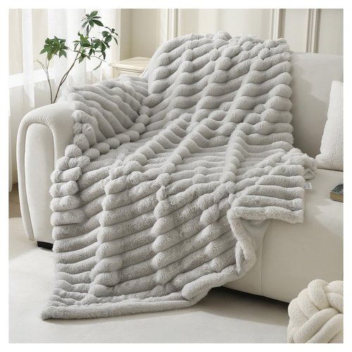 DaysU Cozy Faux Fur Throw Blanket 50x60 Inches Light Gray Ultra Plush Striped for Couch Bedroom Living Room, Fluffy Warm Home Decor Essential