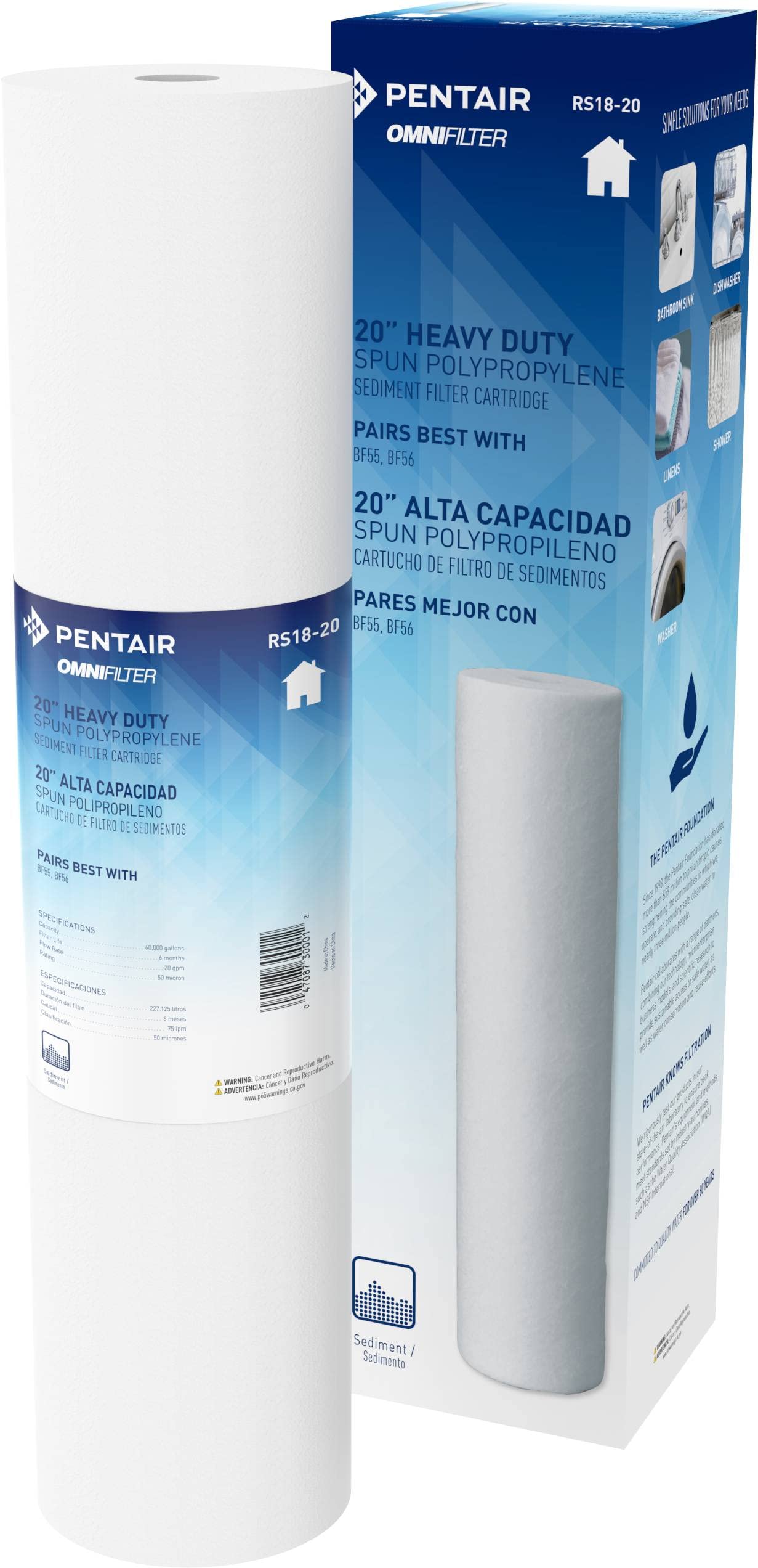 Pentair OMNIFilter RS18-20 Sediment Water Filter, 20-Inch, Whole House Heavy Duty Big Blue Spun Polypropylene Replacement Cartridge, 20" x 4.5", 50 Micron,White