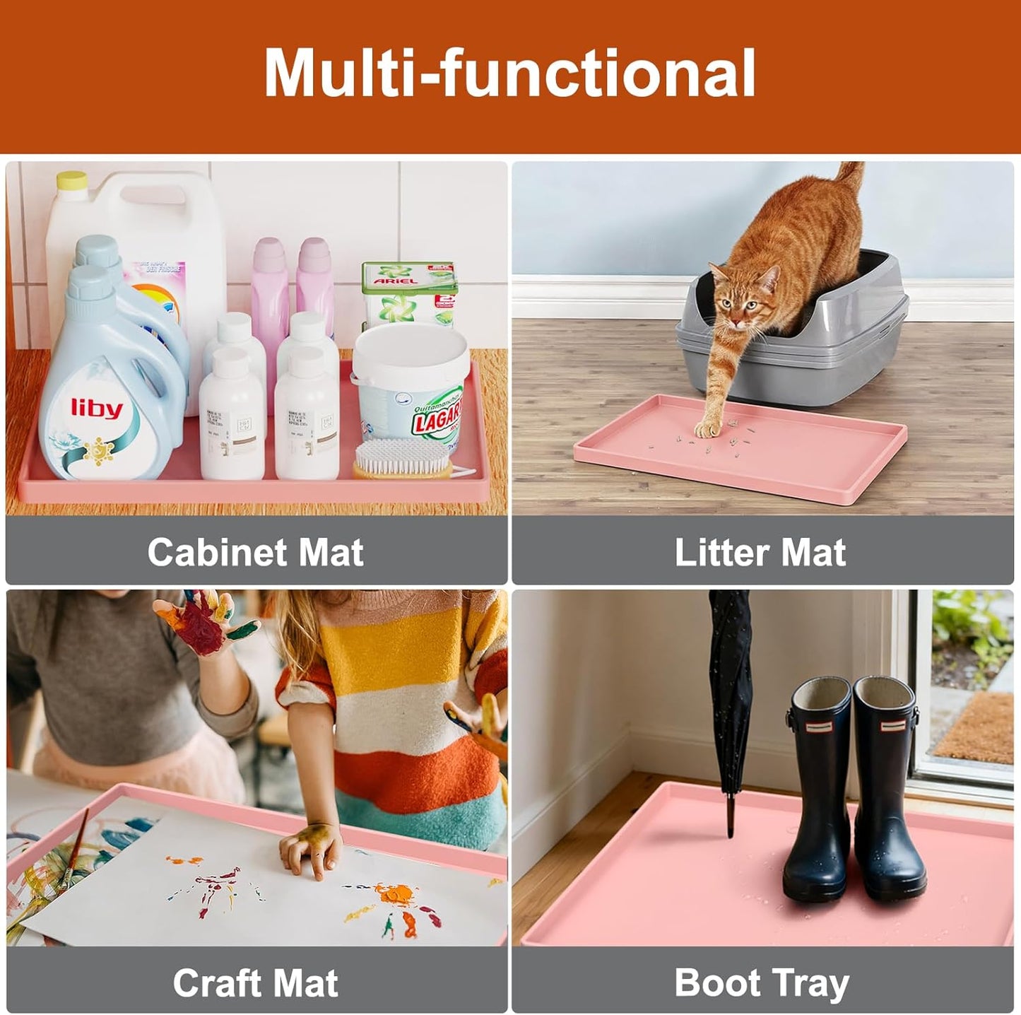 Ukeetap Extra Thick Silicone Dog & Cat Food Mat - Waterproof, Non-Slip, 19” x 12”, Pink