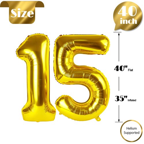 Gold Number 15 Balloon 40 inch, 15 Number Balloons, 15th Gold Birthday Decorations, 15 Year Old Girls Boys Golden Party Supplies