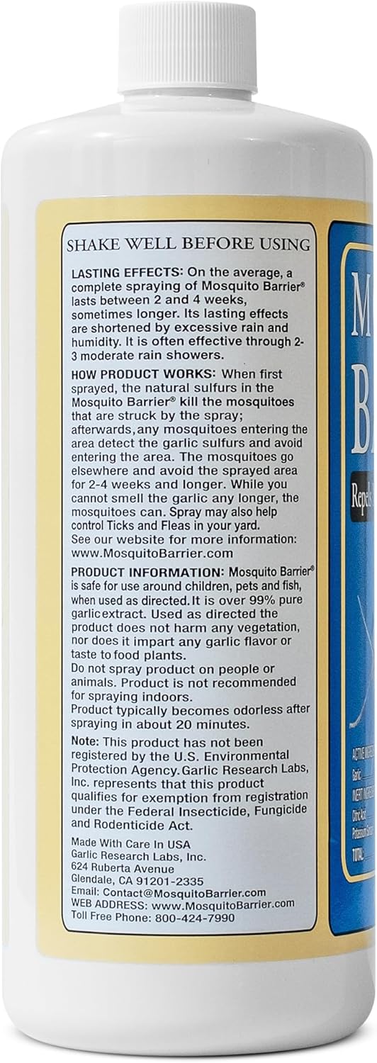 Mosquito Barrier | Liquid Garlic Mosquito Repellent Concentrate - 32 fl oz for Effective Outdoor Protection