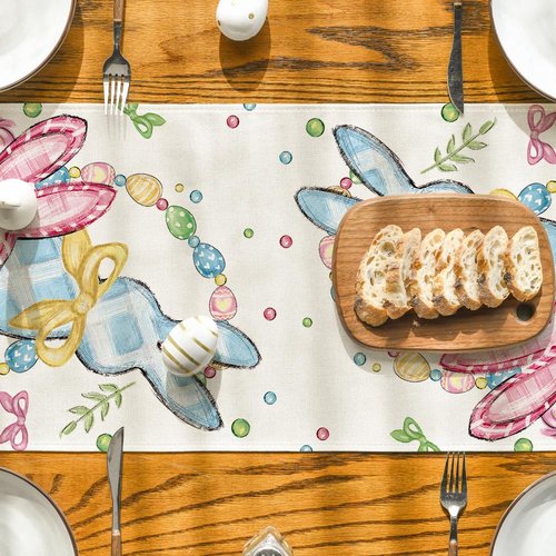 Artoid Mode Floral Bow Bunny Rabbits Eggs Easter Table Runner, Seasonal Spring Kitchen Dining Table Decoration for Home Party Decor 13x72 Inch