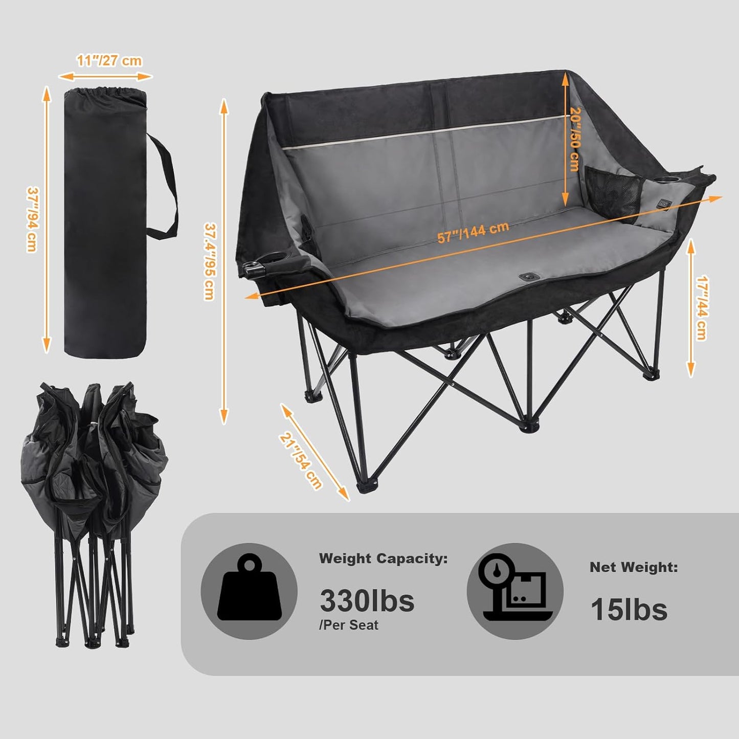 REDCAMP Heavy-Duty Padded Double Camping Chair - Supports 660lbs | Oversized Loveseat with Cup Holders & Carry Bag - Black/Grey