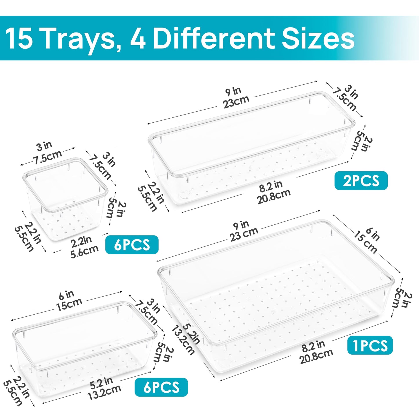 Vtopmart 15 PCS Clear Plastic Drawer Organizers Set, 4-Size Versatile Bathroom and Vanity Organizer Trays, Non-Slip Storage Containers for Makeup, Jewelries, Bedroom，Kitchen Utensils and Office