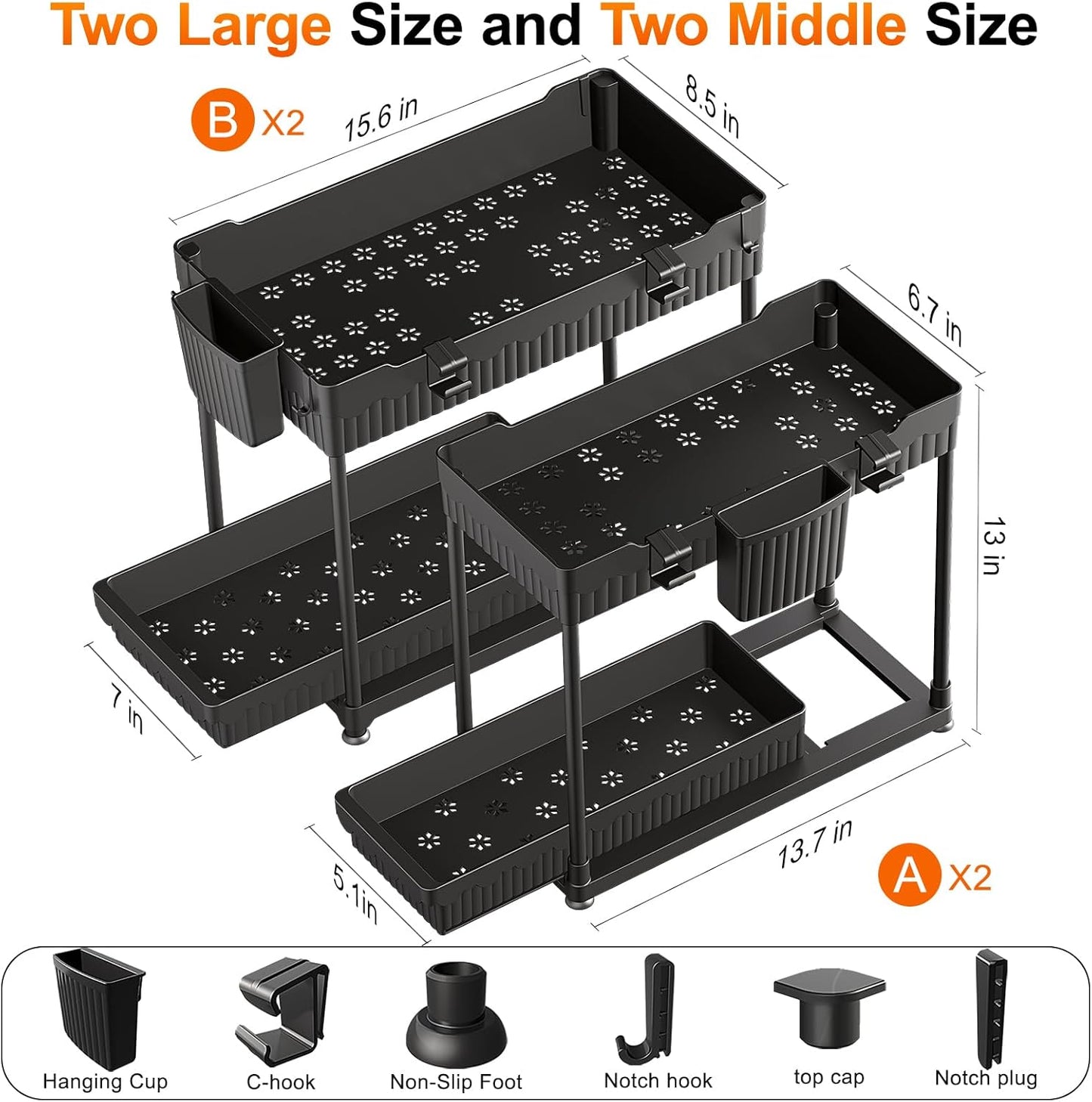Sevenblue Under Sink Organizer - 2 Tier Multi-Use Pull Out Cabinet Storage with Hooks & Cups | Black, 4 Pack