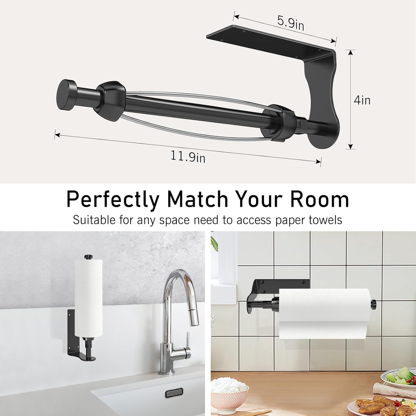 SetSail Paper Towel Holder - Single Hand Operable Under Cabinet Design | Adjustable Damper, Easy Tear, Black