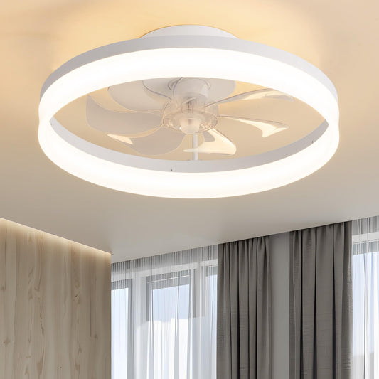 PUSU 15.8" Low Profile LED Ceiling Fans with Light, Reversible Flush Mount with Remote and 6 Winds Speeds Fan Lighting, 3 Colors Dimmable for Bedroom, Garage, Dinning Room, Kitchen (White)