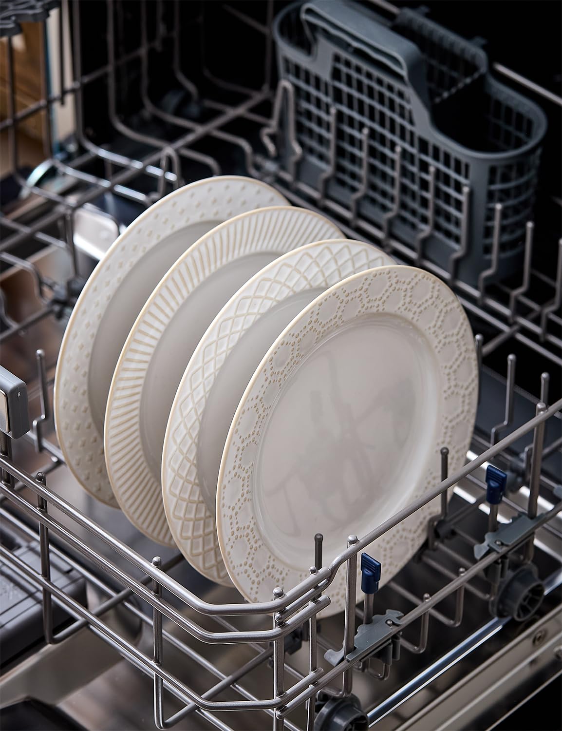 Pyrilo 10.4-Inch Embossed Ceramic Plates Set of 4 - Arctic White Dinner Plates for Kitchen Dining Microwave Dishwasher Safe Scratch Resistant Plate Sets Housewarming Wedding Gift
