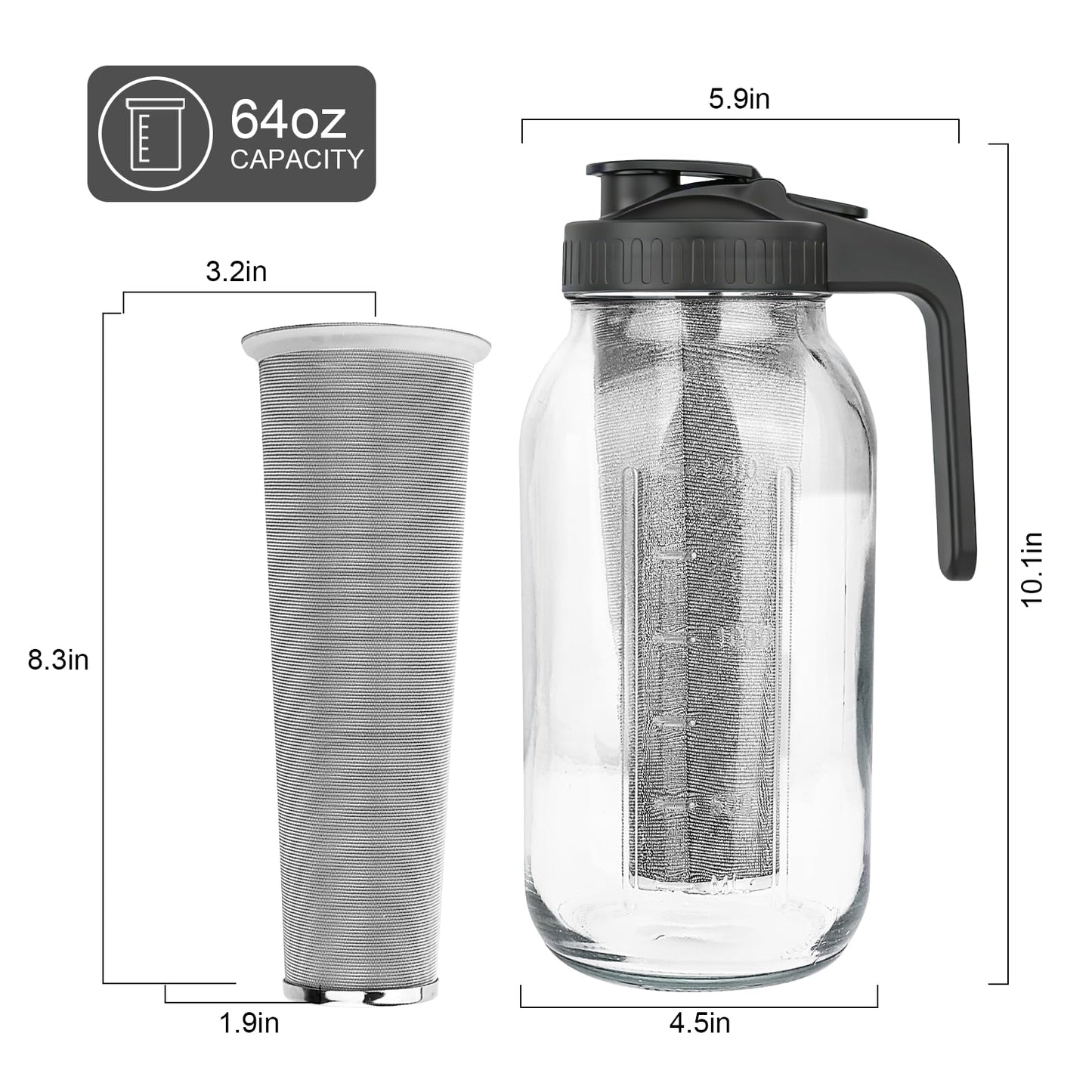 Cold Brew Coffee Maker,64 oz Mason Jar Pitcher with Stainless Steel Filter, Pour Spout Handle Lid, Heavy Duty Glass Airtight & Leak-Proof for Iced Coffee,Tea & Lemonade