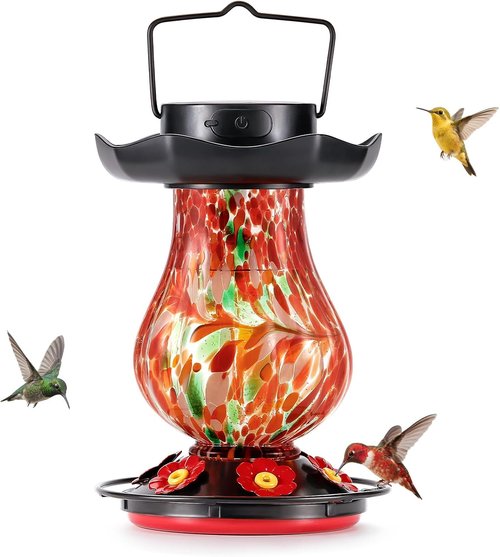 DesGully Solar Hummingbird Feeder - 25 fl. oz Hand Blown Glass with Color-Changing Lights | Outdoor Garden Decor