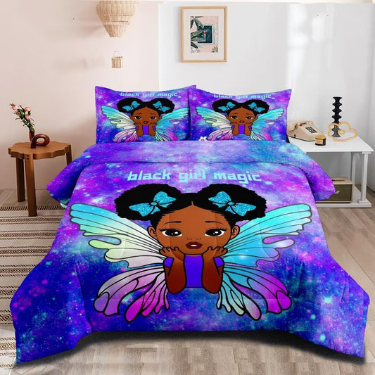 GRAT TIOC Black Girl Magic Comforter Set Queen Size,Black Girl Bedding Set,African American Comforter Set,Afro Princess Bed Set Bedroom Decor