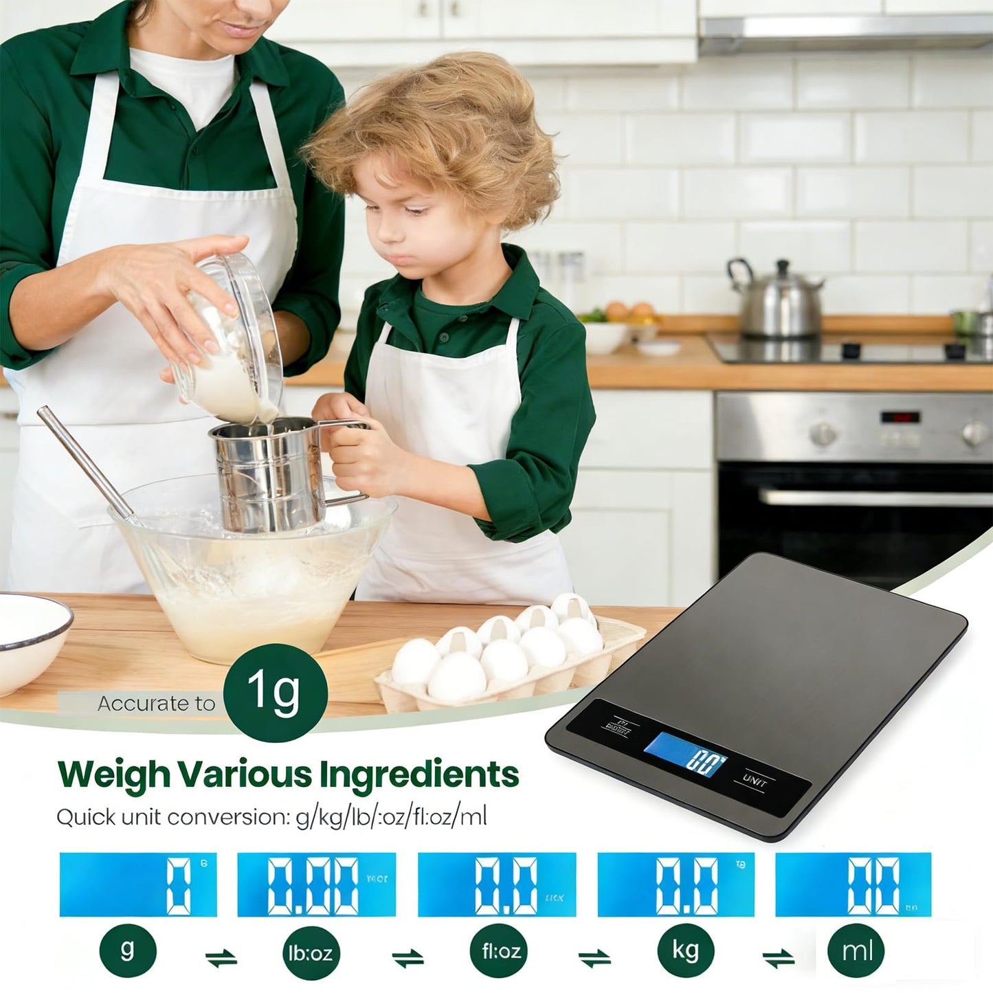Kitchen Food Scale 33lb/15kg, High Precision 1g Digital Weight Scale with Timer & Backlit LCD, Stainless Steel, Tare & Unit Conversion (g/oz/ml/lb) for Pet Care or Cooking Baking Coffee Meat Bread