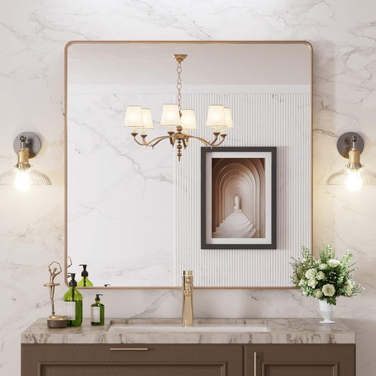 LOAAO Gold Bathroom Mirror - 36”X36” Rounded Rectangle Design | Anti-Rust Tempered Glass, Wall-Mounted