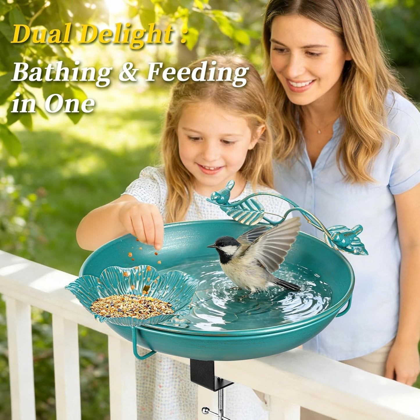 Mellbree Bird Bath - Deck Mounted 12" Metal Birdbath with Perch & Feeder Bowl | Lake Blue & Gold Gilding