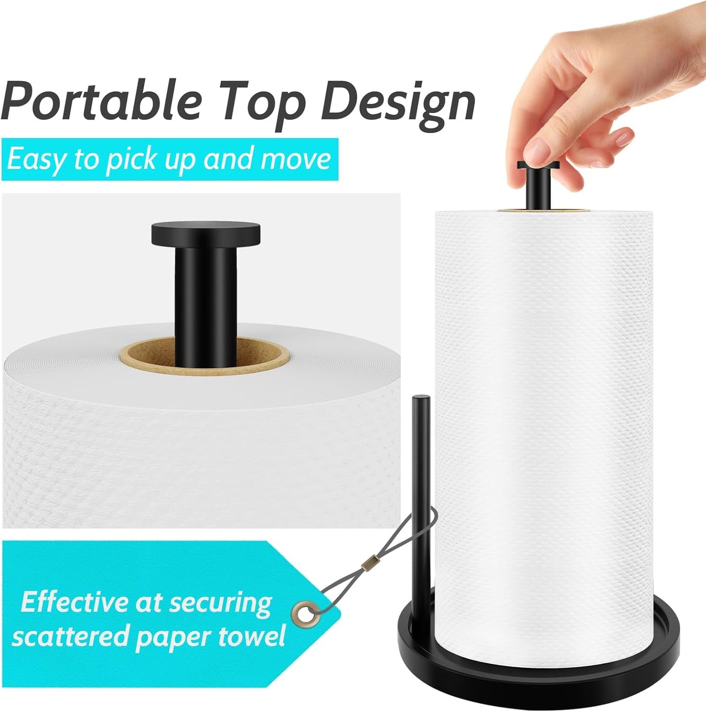 Stainless Steel Paper Towel Holder - Freestanding Design with Anti-Slip Weighted Base | Black Finish