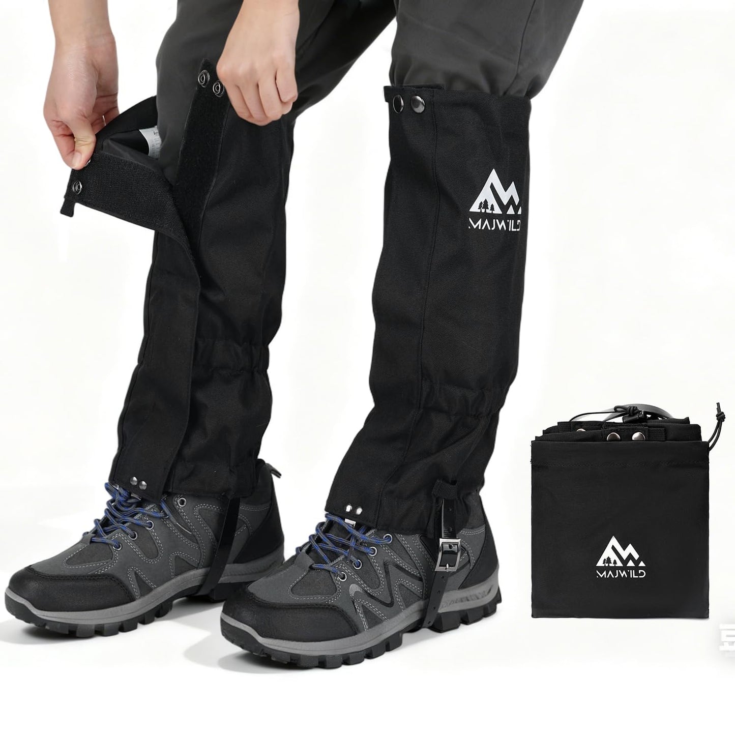 MAJWILD Adjustable Leg Gaiters, Waterproof Snow Boot Gaiters for Men Women with Hiking, Walking, Hunting, Snowshoeing, Climbing (Black, Large)