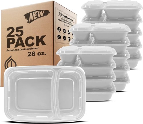 Freshware Meal Prep Containers - 25 Pack 2-Compartment Bento Boxes | BPA-Free, Stackable, Microwave & Freezer Safe (28 oz) - Grey