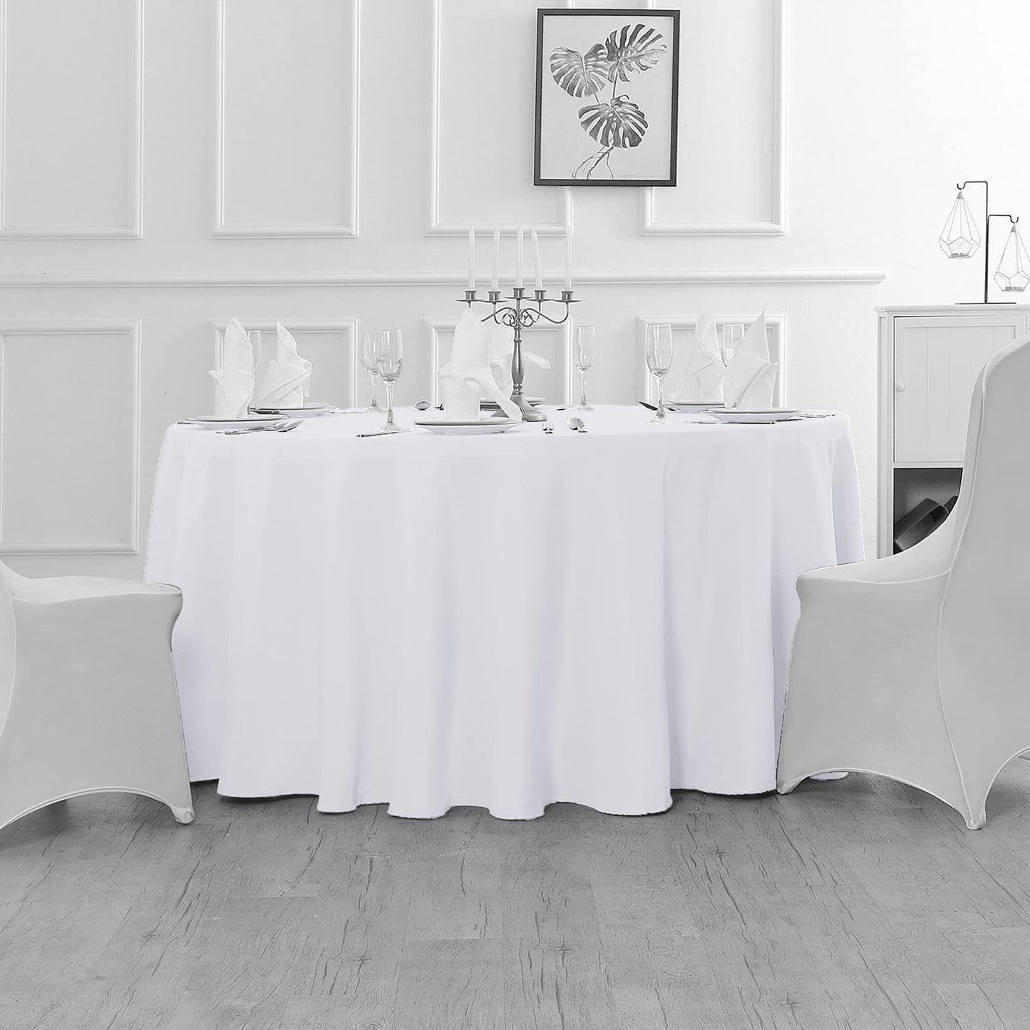 Fokitut 6 Pack Waterproof Round Tablecloth, 132 Inch, Stain Resistant and Wrinkle Polyester Table Cloth, Fabric Table Cover for Kitchen Dining, Wedding, Party, Holiday Dinner-White