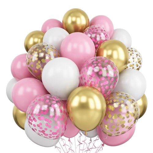 Balloons Pink Gold Confetti, 60 Packs 12 Inch Pink White Metallic Gold Balloon for Girls Birthday Wedding Bridal Baby Shower Princess Party Decorations