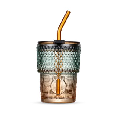 BLUEPOLAR 13 oz Tumbler Water Glass, Water Bottle with Straw and Dustproof Lid, Coffee Ice Cup Double Wall Insulated Glass Cup (Amber-Ribbed)