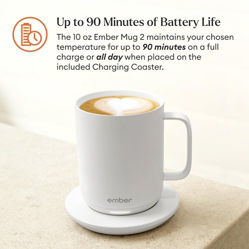 Ember Temperature Control Smart Mug 2, 10 Oz, App-Controlled Heated Coffee Mug with 80 Min Battery Life and Improved Design, White