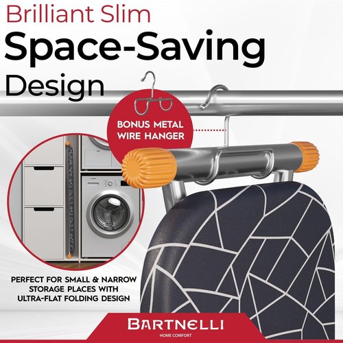 Bartnelli Compact Ironing Board - Space-Saving 13x43 Steel Design | Adjustable Height & Bonus Hanger