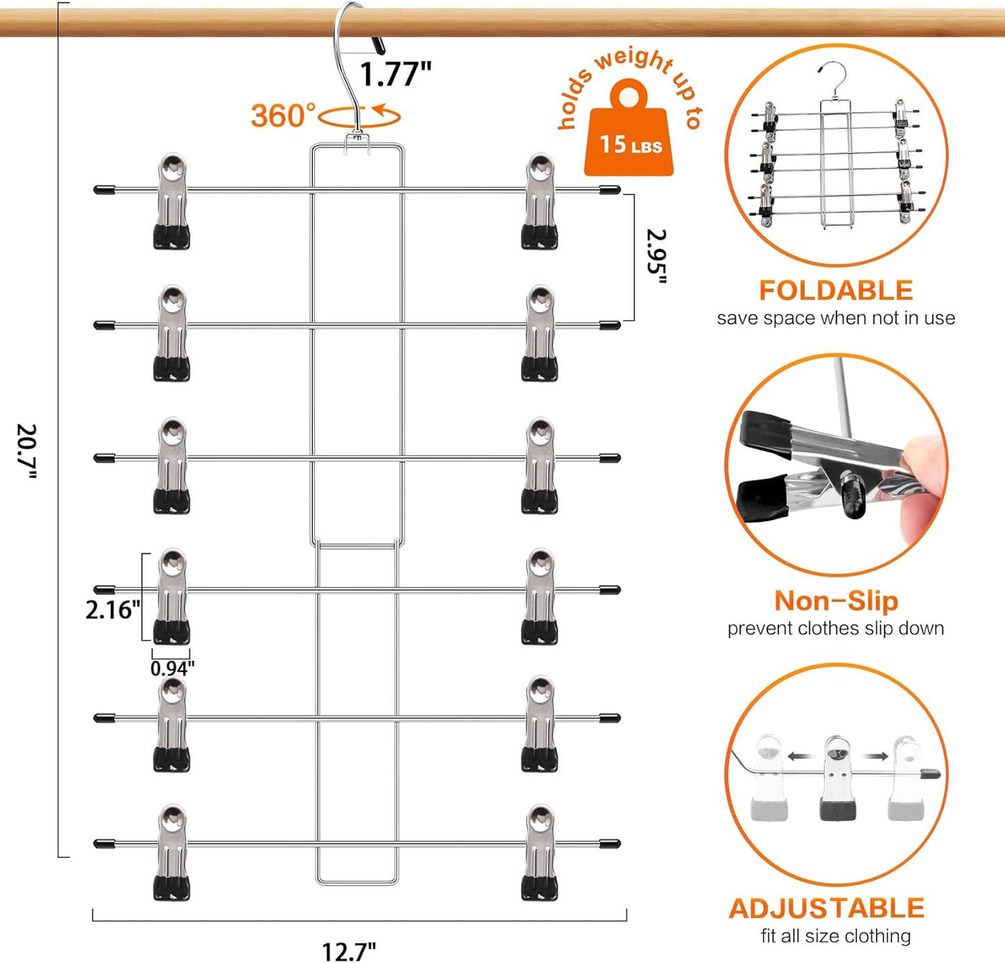 Skiennix 3-Pack Pants Hangers - Space-Saving 6-Tier Closet Organizers with Clips | Ideal for Jeans & Scarves