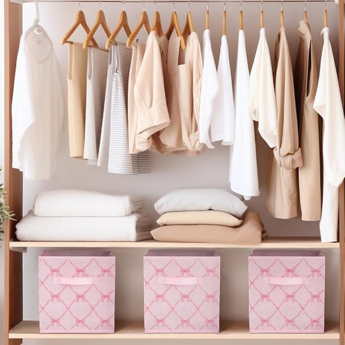 Geelin 6 Pcs Light Pink Bow Storage Bins - 11 Inch Collapsible Organizer Baskets for Home & Office