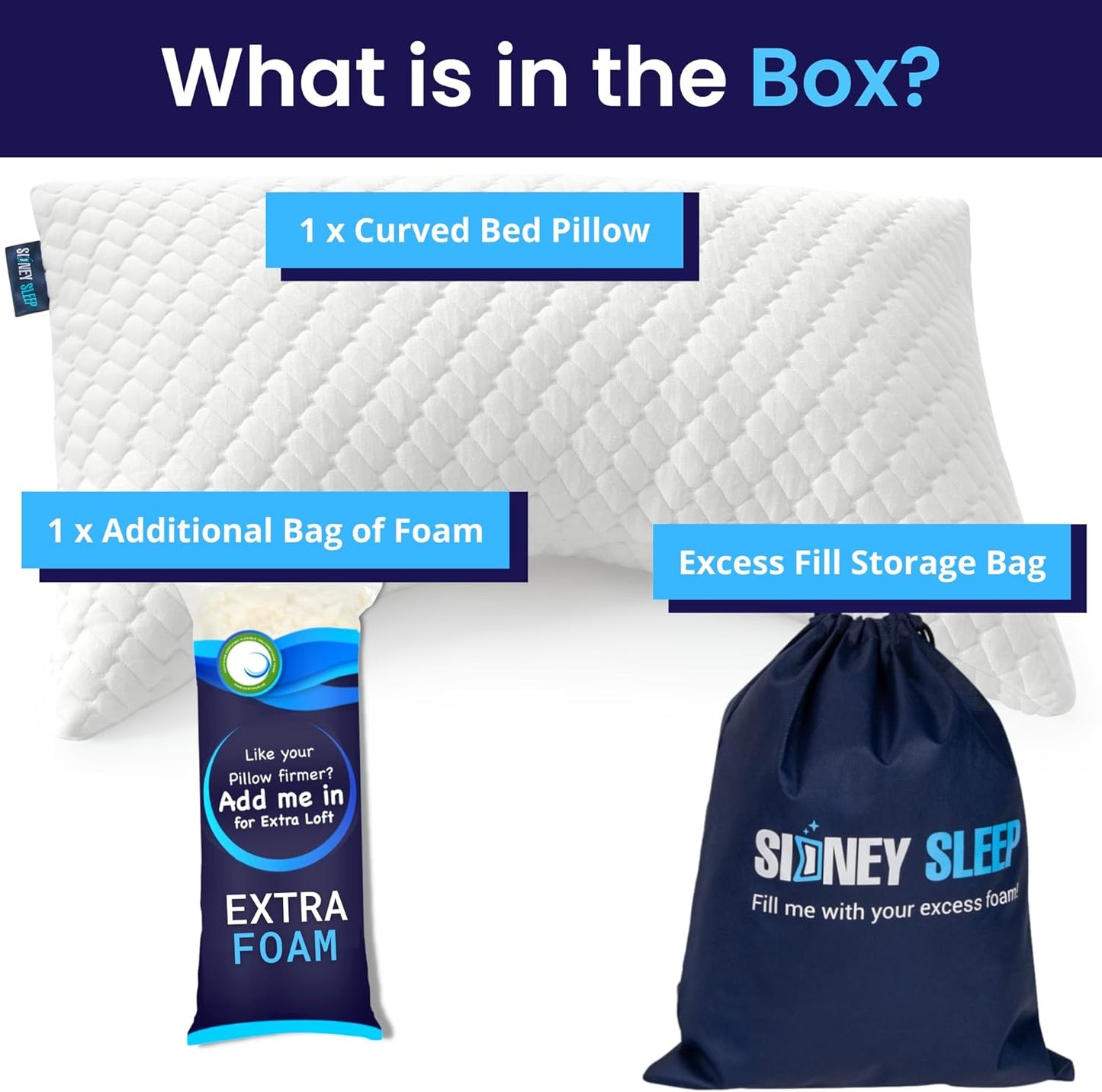 Sidney Sleep Adjustable Curved Contour Pillow - Queen Size | Neck & Shoulder Support for Side & Back Sleepers - Extra Fill Included (White)