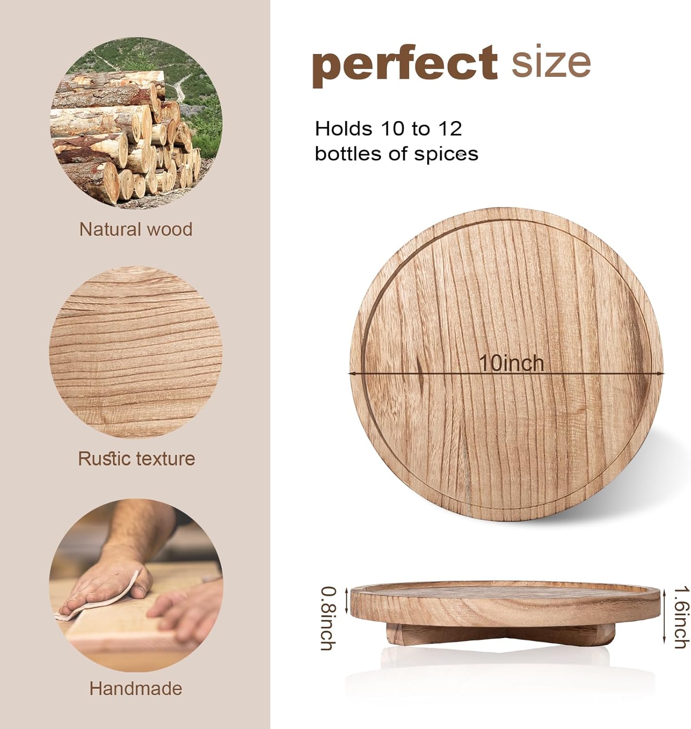 Skiennix Round Wooden Decorative Tray - Farmhouse Bathroom Counter Organizer, 10" - Brown
