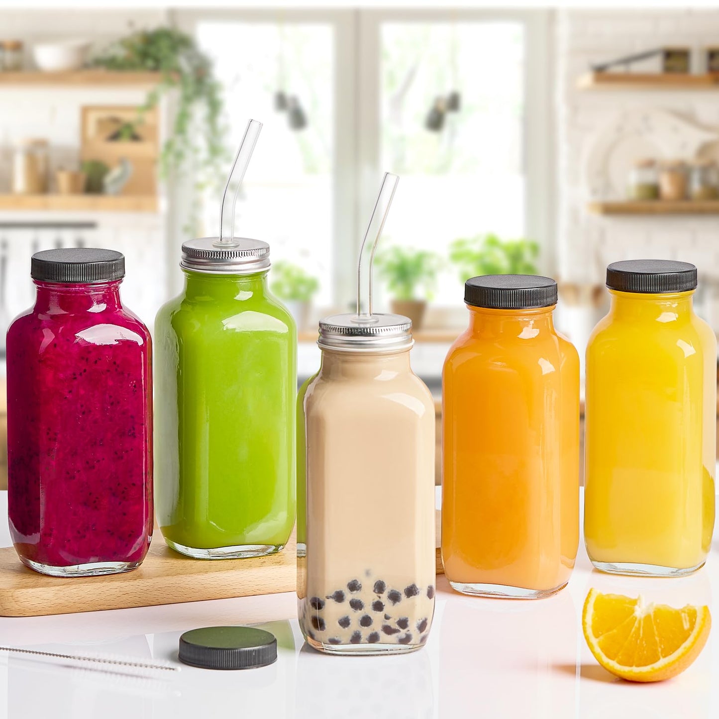 Kucoele 16oz Glass Juice Bottles with Lids, 10 Pack Reusable Smoothie Cups Water Bottles Drinking Jars with Glass Straws, Brush, Lids with Hole