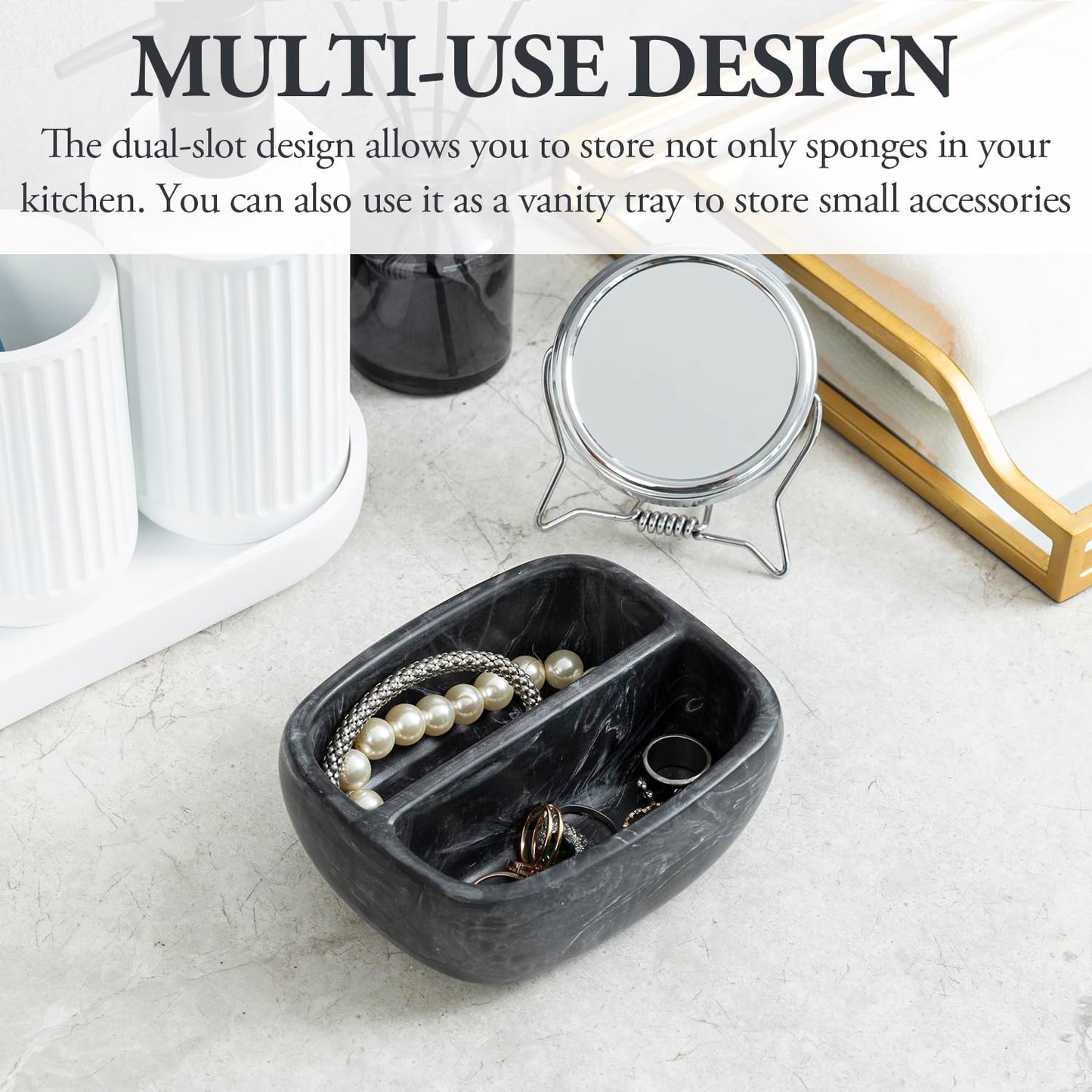 MyGift Modern Premium Clear Acrylic Sponge Holder for Kitchen Sink, Counter Dual Sponge Storage Rack, Countertop Caddy with 2 Compartments for Dish Cleaning Sponges or Scrubbing Pads
