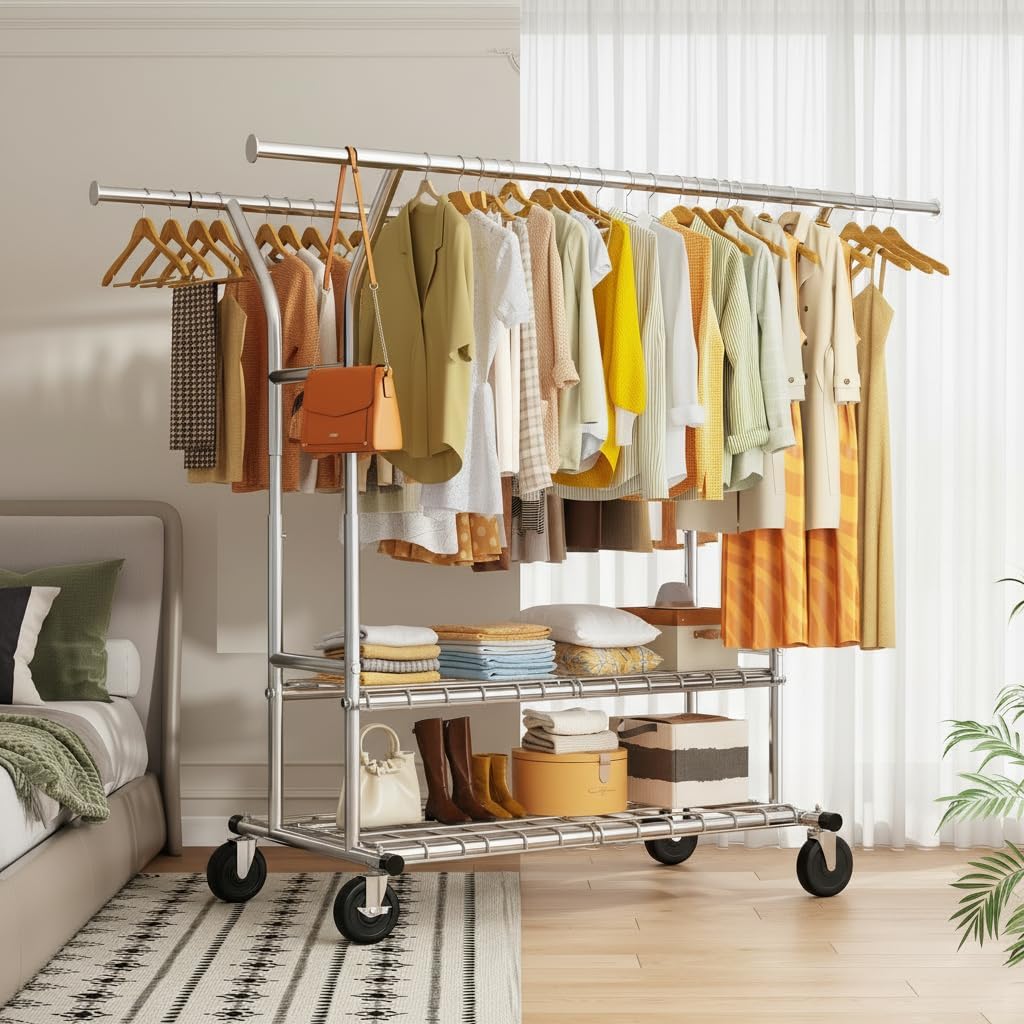 Raybee Heavy Duty Clothing Rack - 630 LBS Load Capacity | Rolling Metal Garment Rack for Storage
