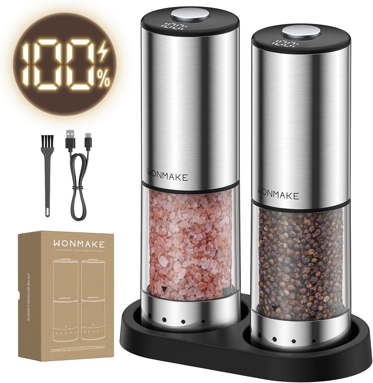 Skiennix Electric Salt and Pepper Grinder Set - Type-C Rechargeable with LED Display | Stainless Steel, 5 Coarseness Levels