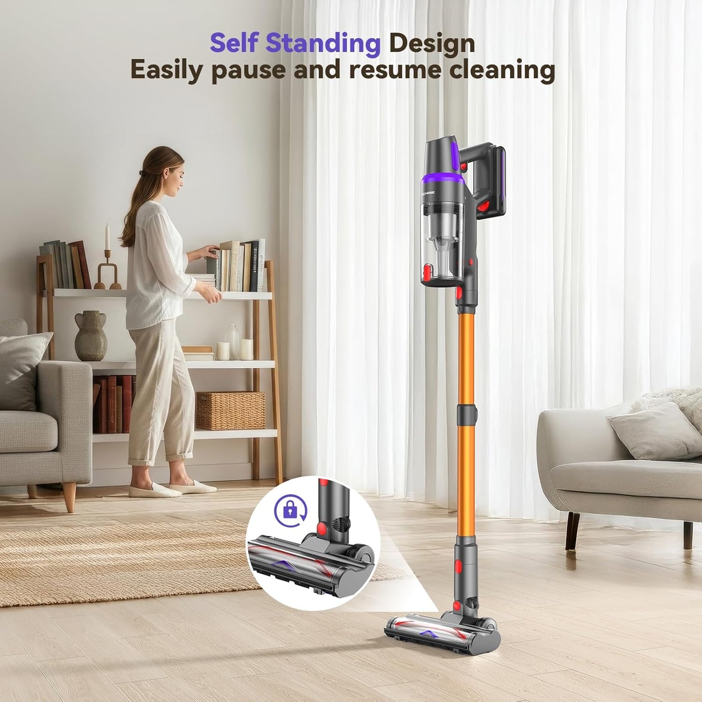 TechRise Cordless Vacuum Cleaner - 500W Stick Vacuum with Anti-Tangle Brush | 60-Min Runtime, LED Display, Lightweight for Hardwood & Carpet