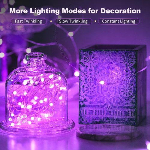 20 Pack LED Fairy Lights Battery Operated,3 Features Blinking Slowly Blinking & just on 7FT 20 LED Waterproof Mini Twinkle String Lights for Wedding Mason Jars Halloween Christmas Decorations,Purple
