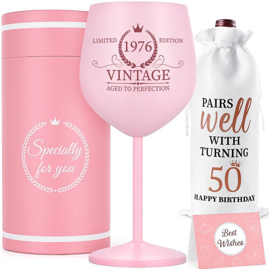 Lifecapido 50th Birthday Gifts for Her, Vintage 1976 Stainless Steel Wine Glass with Wine Bag and Card, 50th Birthday Decorations for Women, Cool Gifts for 50 Year Old Woman Mom Aunt Friends Wife