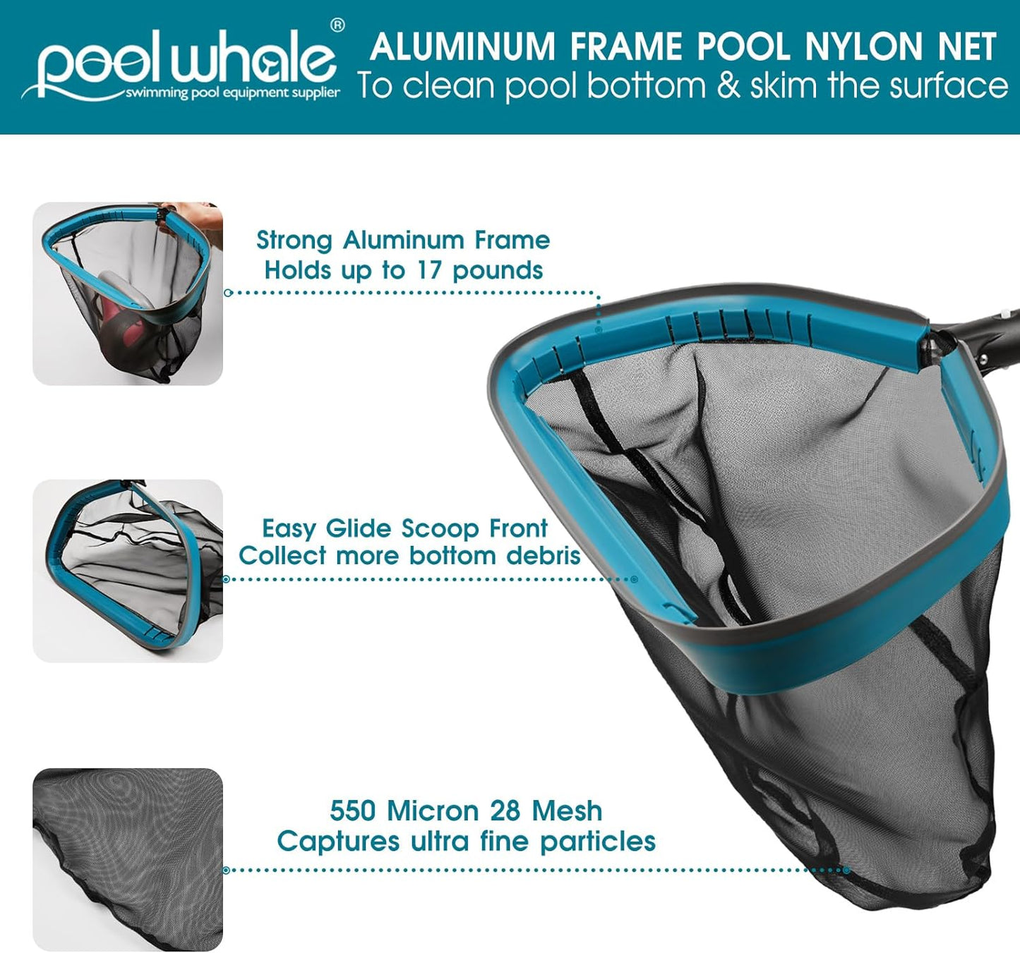 Skiennix Swimming Pool Cleaning Kit - Aluminum Frame Skimmer Net & 10Ft Adjustable Pole | 17.5” Brush Head