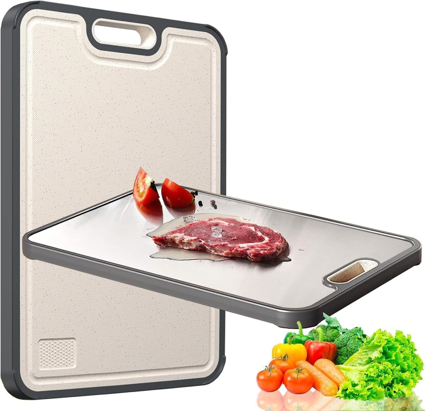 Stainless Steel Cutting Board - Double-Sided 304 Stainless & Wheat Straw | Non-Slip, Easy to Clean, Dishwasher Safe (16 x 11 In)