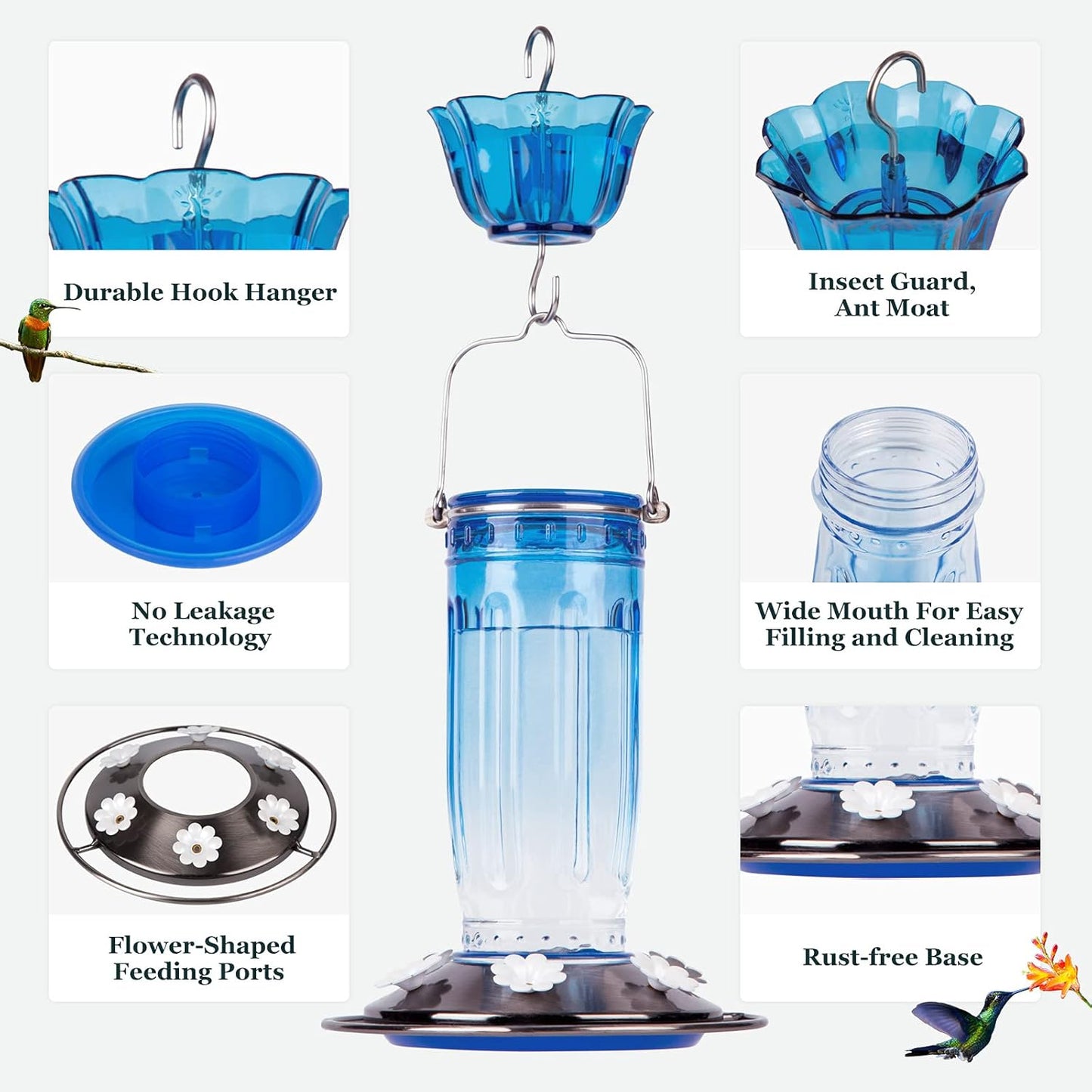Kingsyard Glass Hummingbird Feeder - 6 Feeding Ports for Outdoor Gardens | Blue with Ant Moat Included
