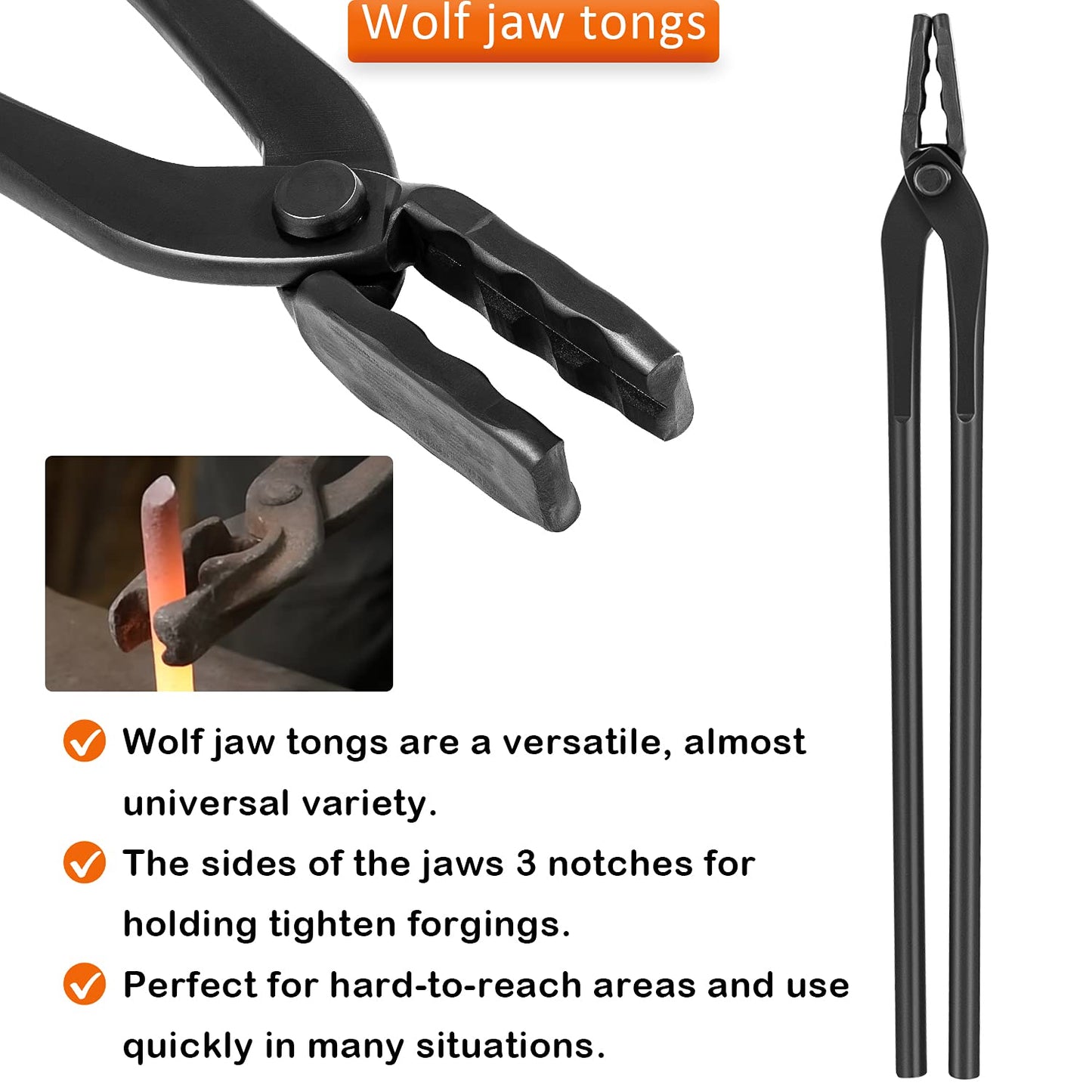 Blacksmith Forging Tools Knife Making Tongs Set Fire Tongs Anvil Blacksmithing Tongs Forge Tools Includes V-Bit Bolt Tongs, Wolf Jaw Tongs, Flat Tongs, Blade Tongs (Pack of 4)