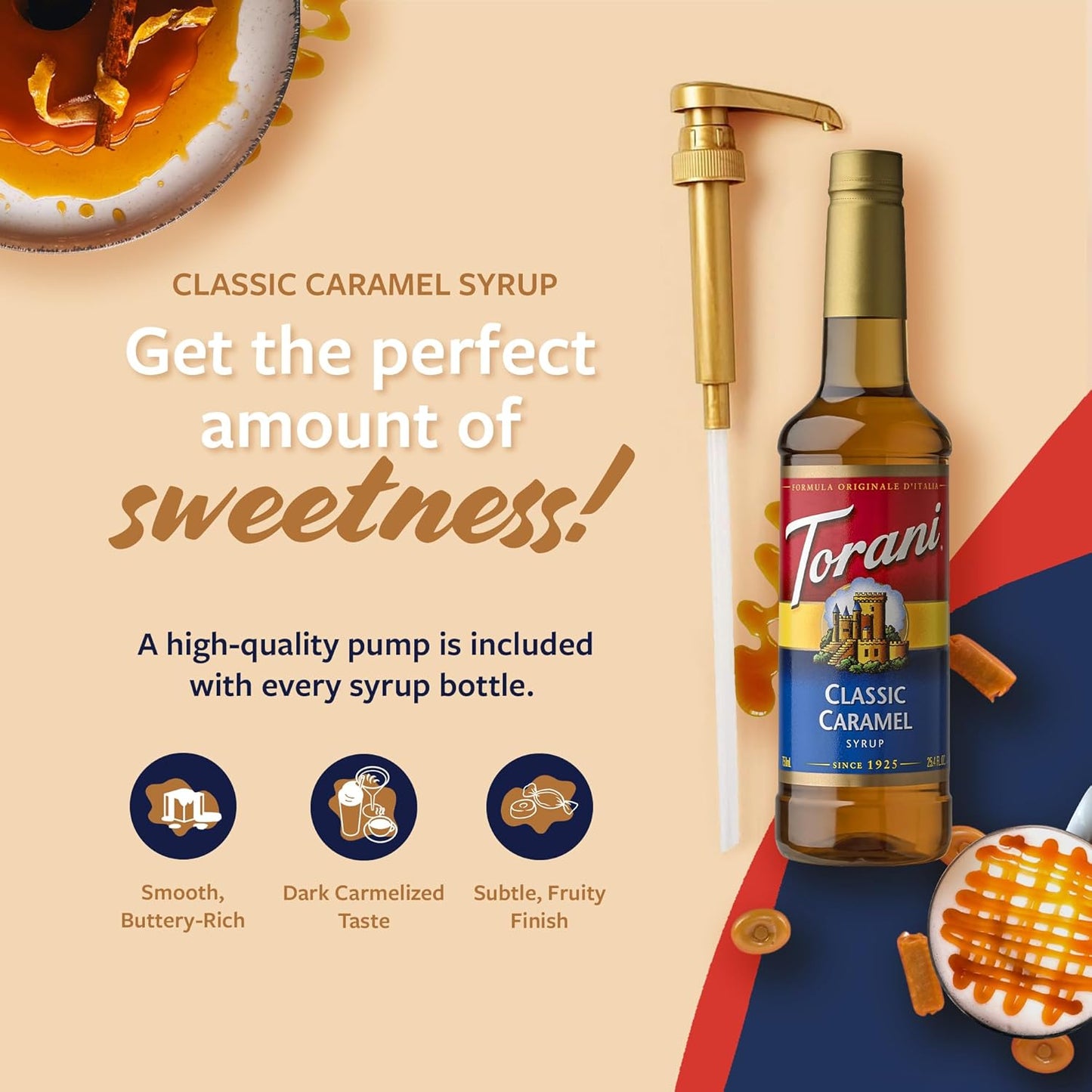 Torani Coffee Syrup - Classic Caramel Flavor for Drinks | Includes Pump, 25.4 Fl Oz