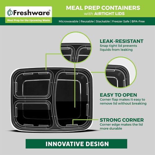 Freshware Meal Prep Containers - 150 Pack | 3-Compartment, BPA-Free, Stackable, Microwave & Dishwasher Safe (32 oz)