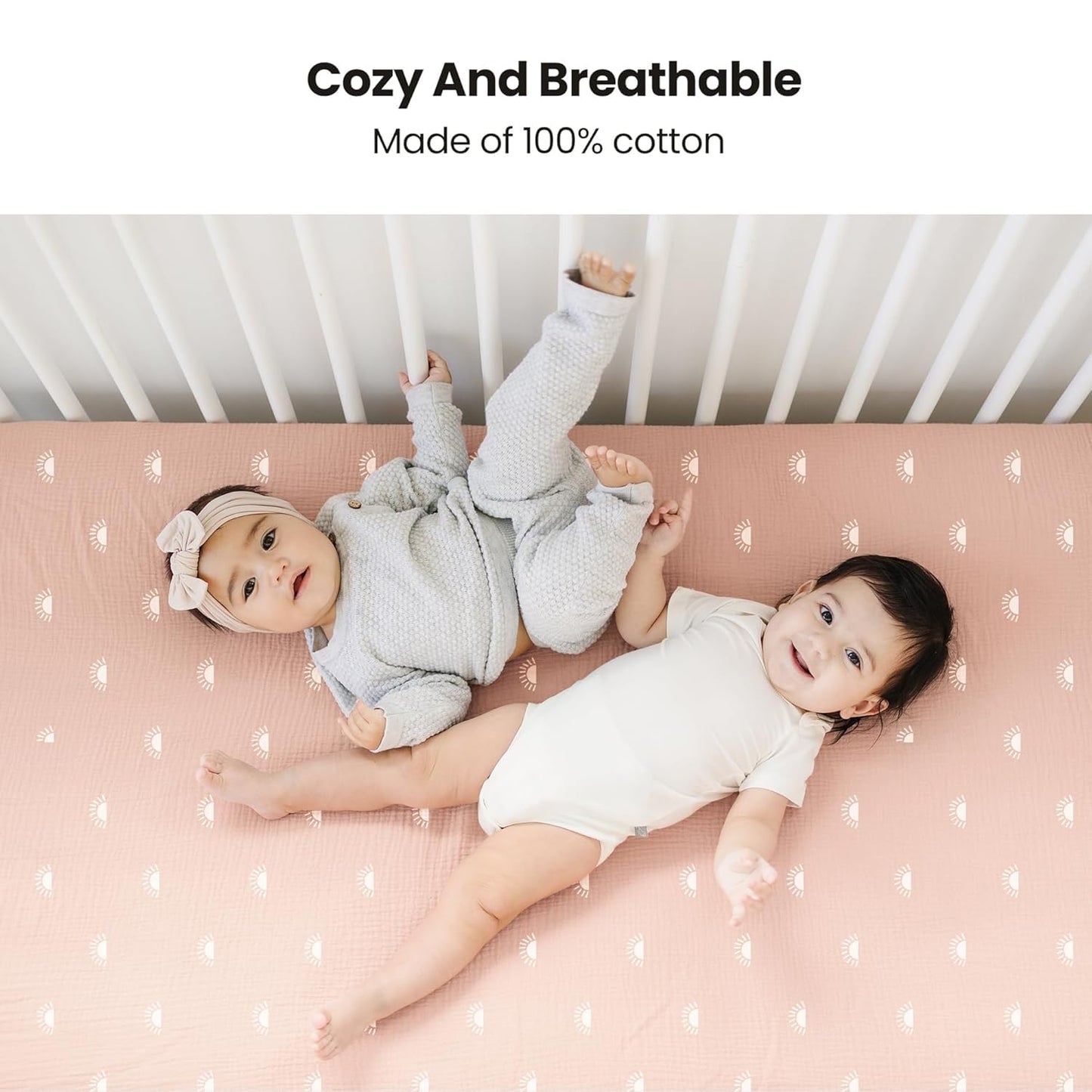 Konssy Muslin Crib Sheets - Soft & Breathable Cotton Baby Sheets for Standard Crib Mattress | 2 PCS (Pink Sun, Khaki Leaf)