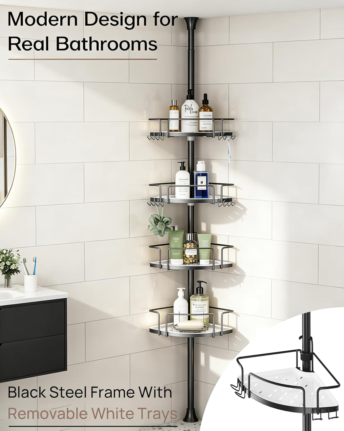 ALLZONE Corner Shower Caddy - Rustproof Tension Pole with 4 Adjustable Baskets & Extra Hooks | Fits 34–116 Inch, Black/White